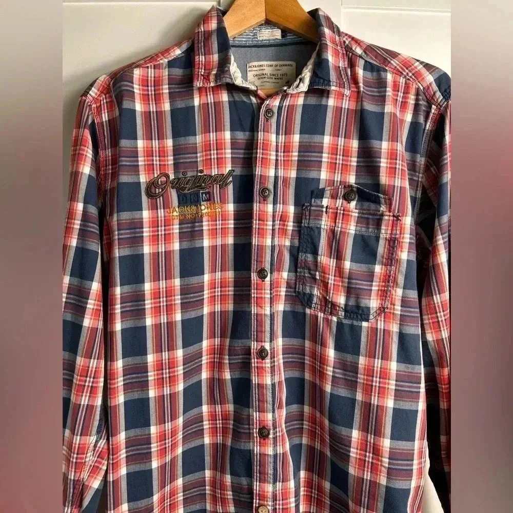 🚨Sale- Jack & Jones vintage-style plaid casual button-down shirt L cotton Wester - Picture 3 of 9